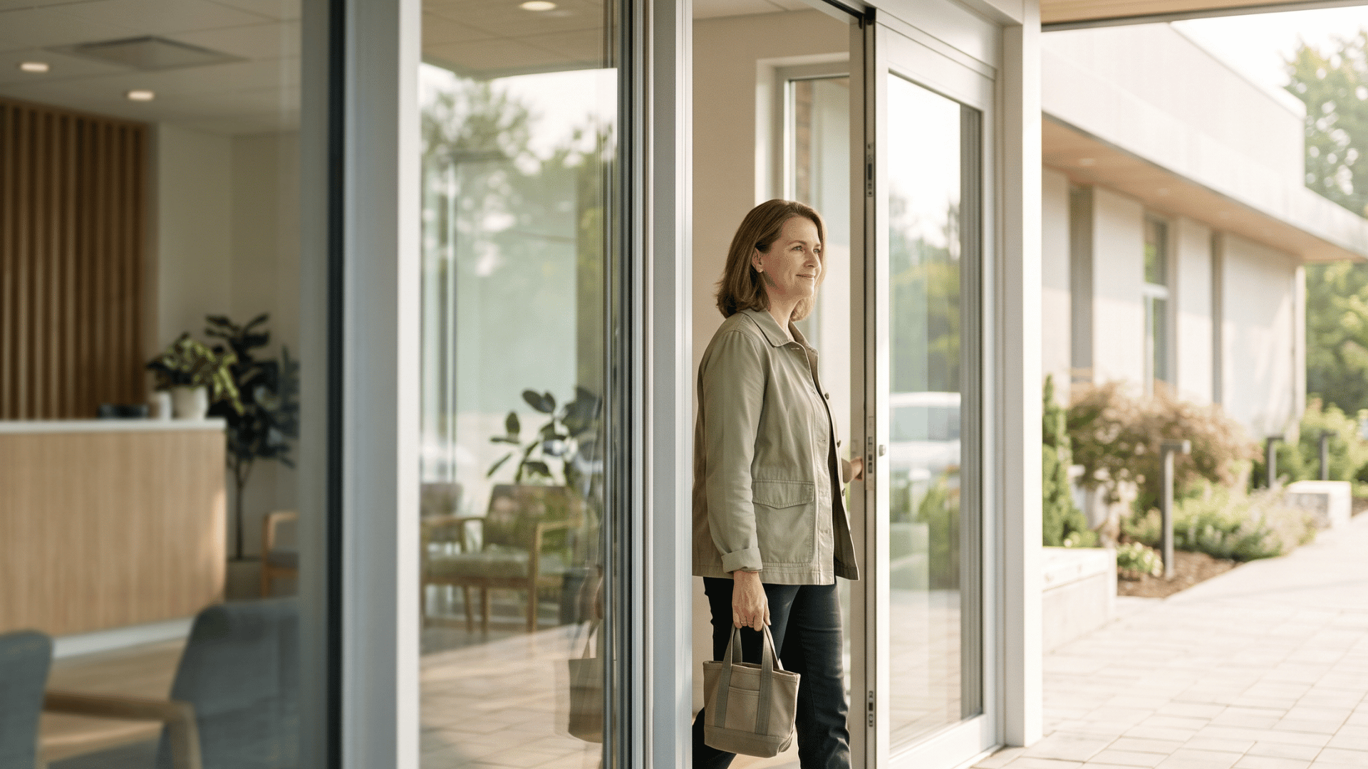 Satisfied patient leaving a modern clinic after a positive eClinicalWorks visit