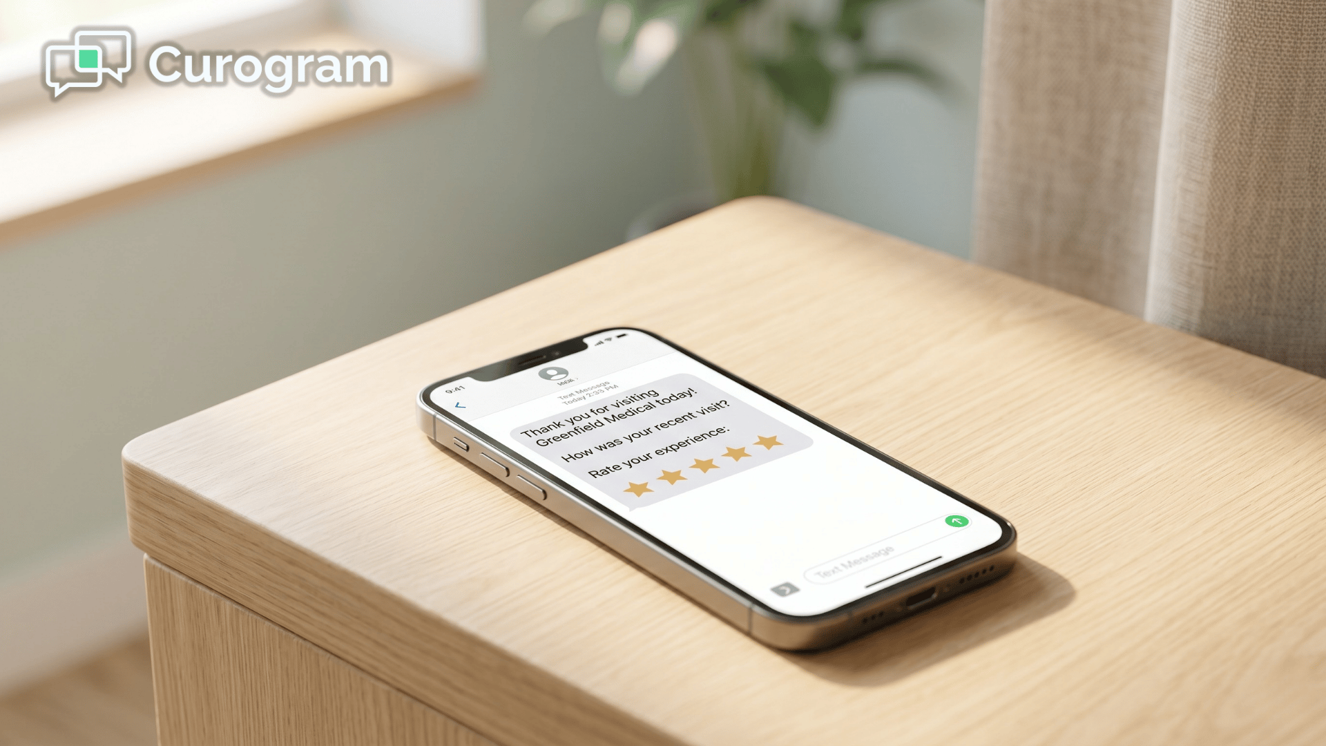 Smartphone showing a post-visit review survey from a medical practice, with five tappable star icons