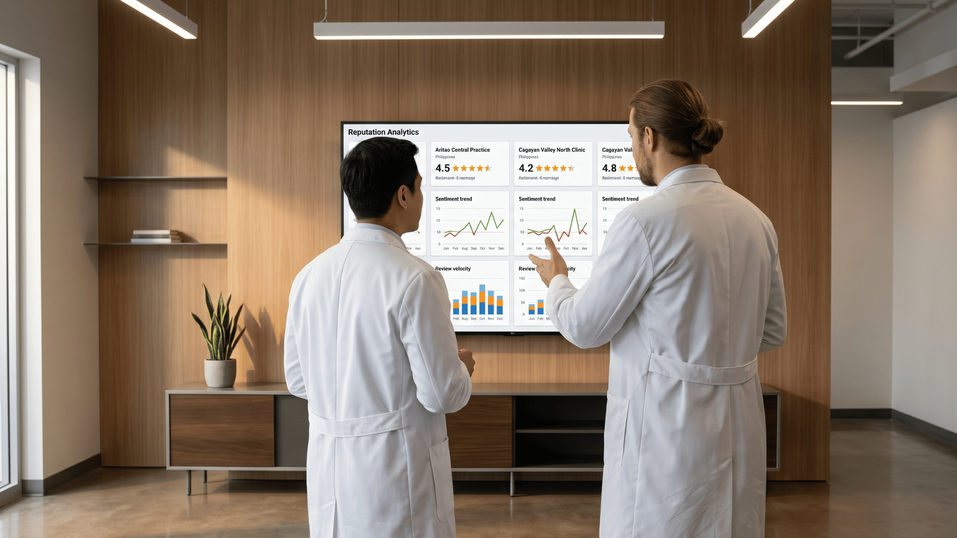 Two physicians reviewing a multi-location reputation analytics dashboard inside a medical practice