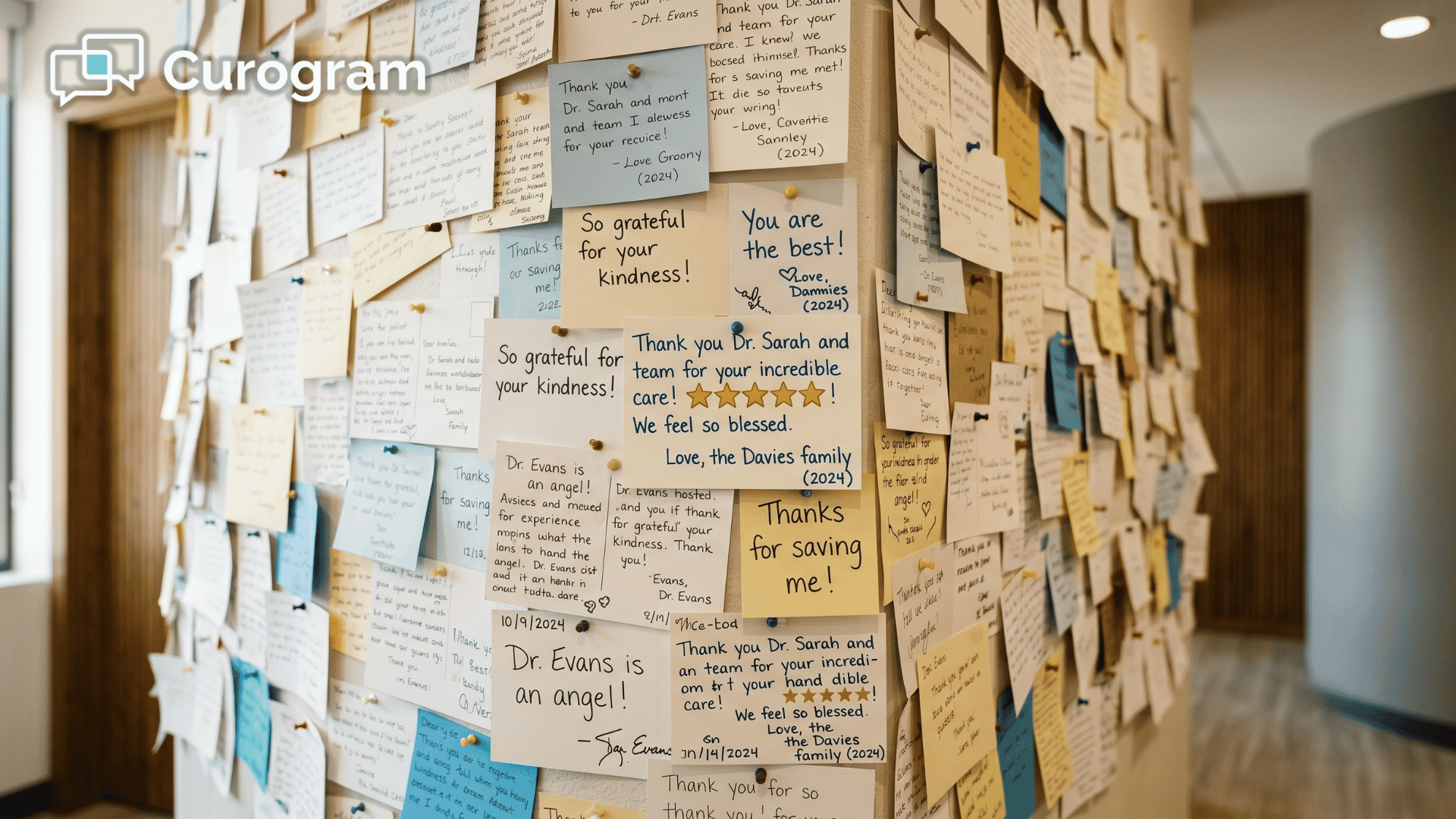  Clinic wall covered in handwritten patient thank-you notes and glowing 5-star praise