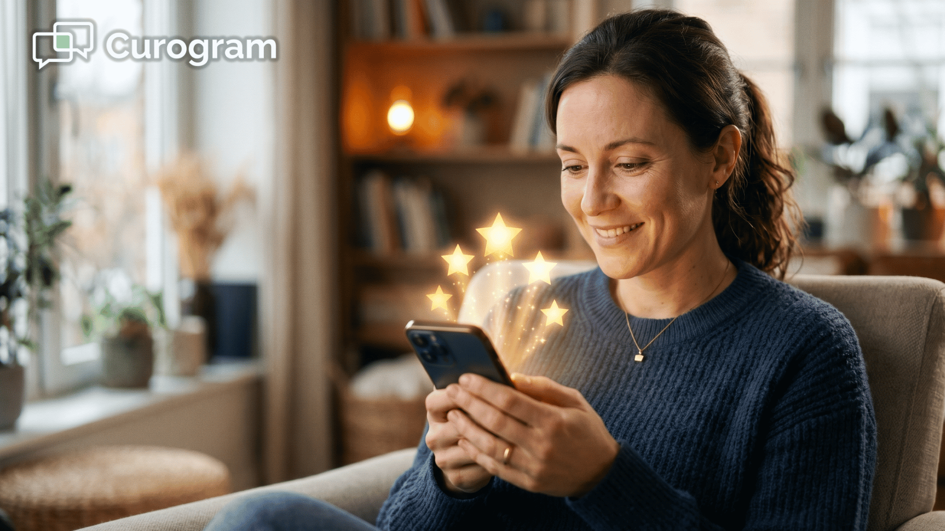 Hands holding a phone with five glowing stars, showing a patient finding a trusted clinic