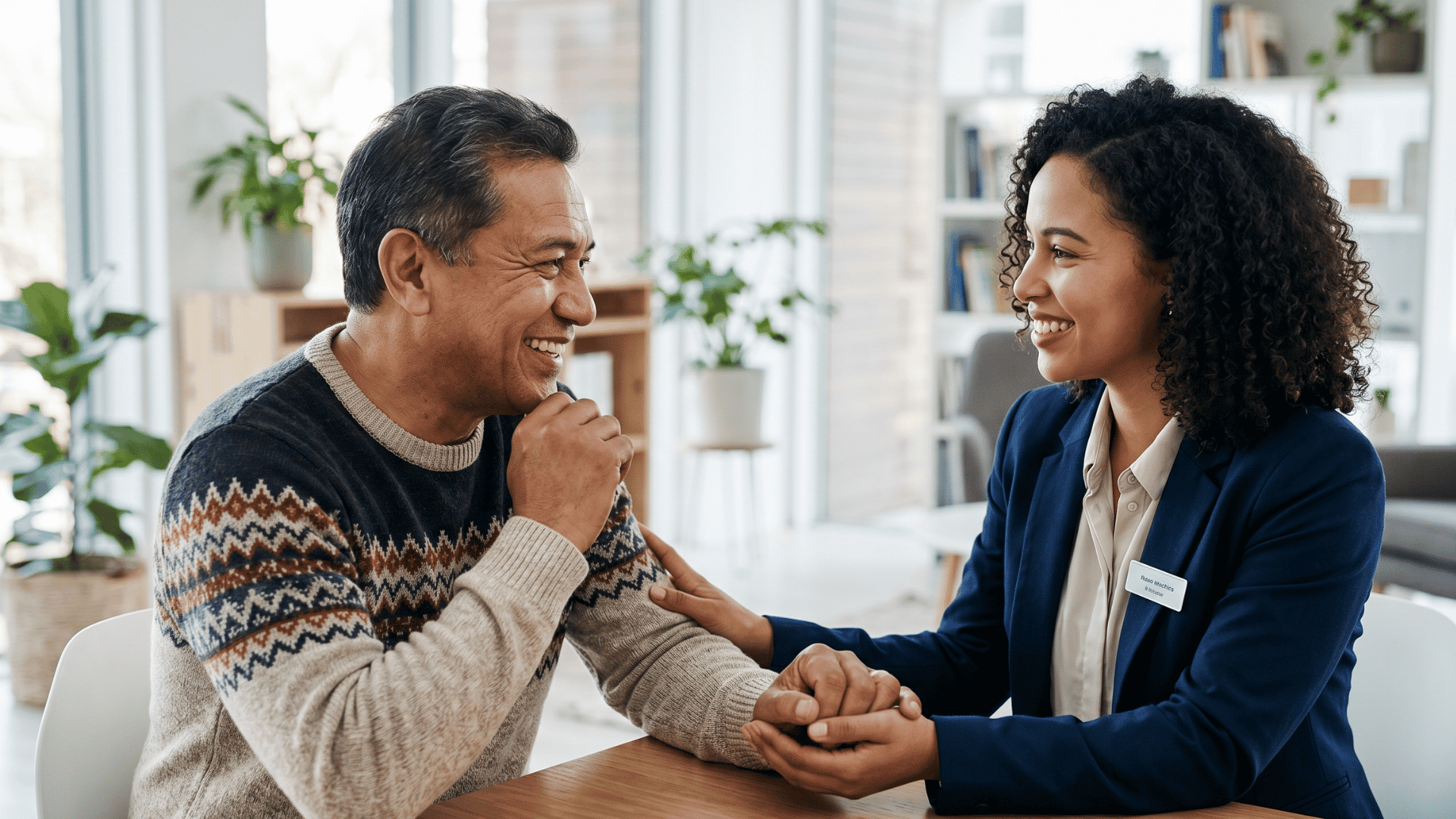 Patient and clinician in a hopeful conversation about interventional psychiatry care