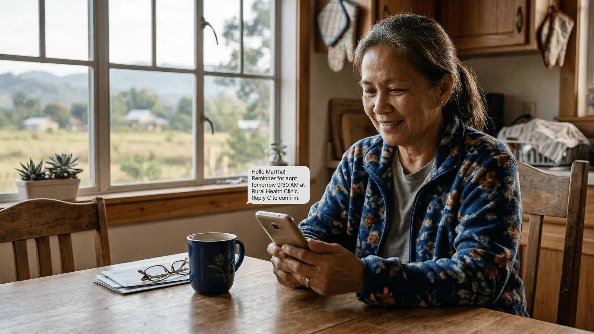 Patient reading an SMS appointment reminder on her phone at home