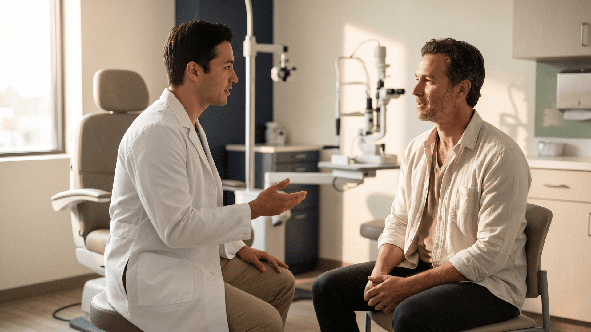 Specialty clinician and patient engaged in a calm, unhurried consultation inside a modern exam room.