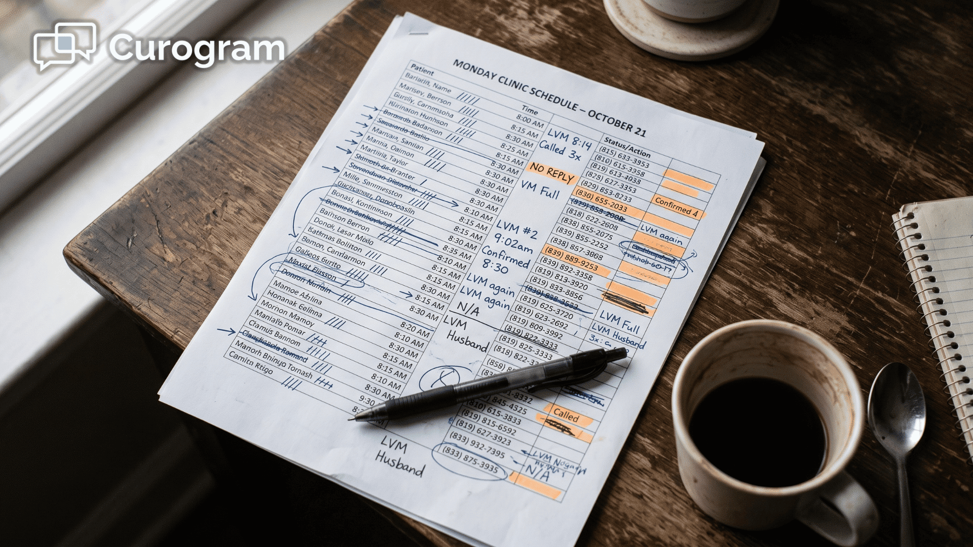 Marked-up clinic day schedule showing hours lost to manual appointment confirmations