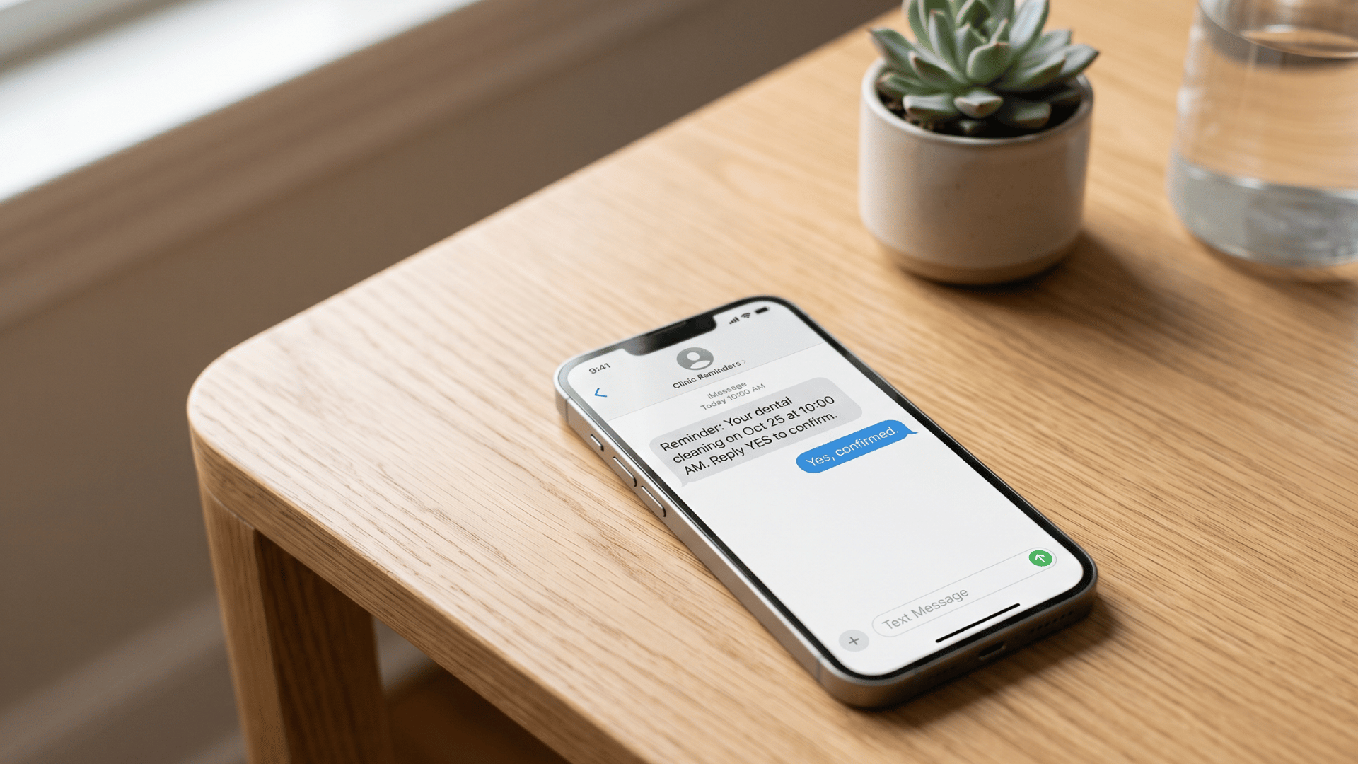 Smartphone showing an automated two-way appointment confirmation text for a clinic
