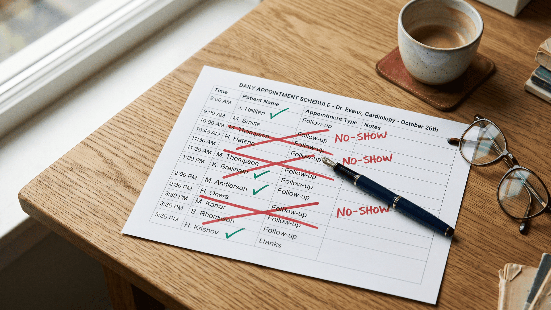 Clinic schedule with no-show slots marked in red, highlighting lost appointment revenue