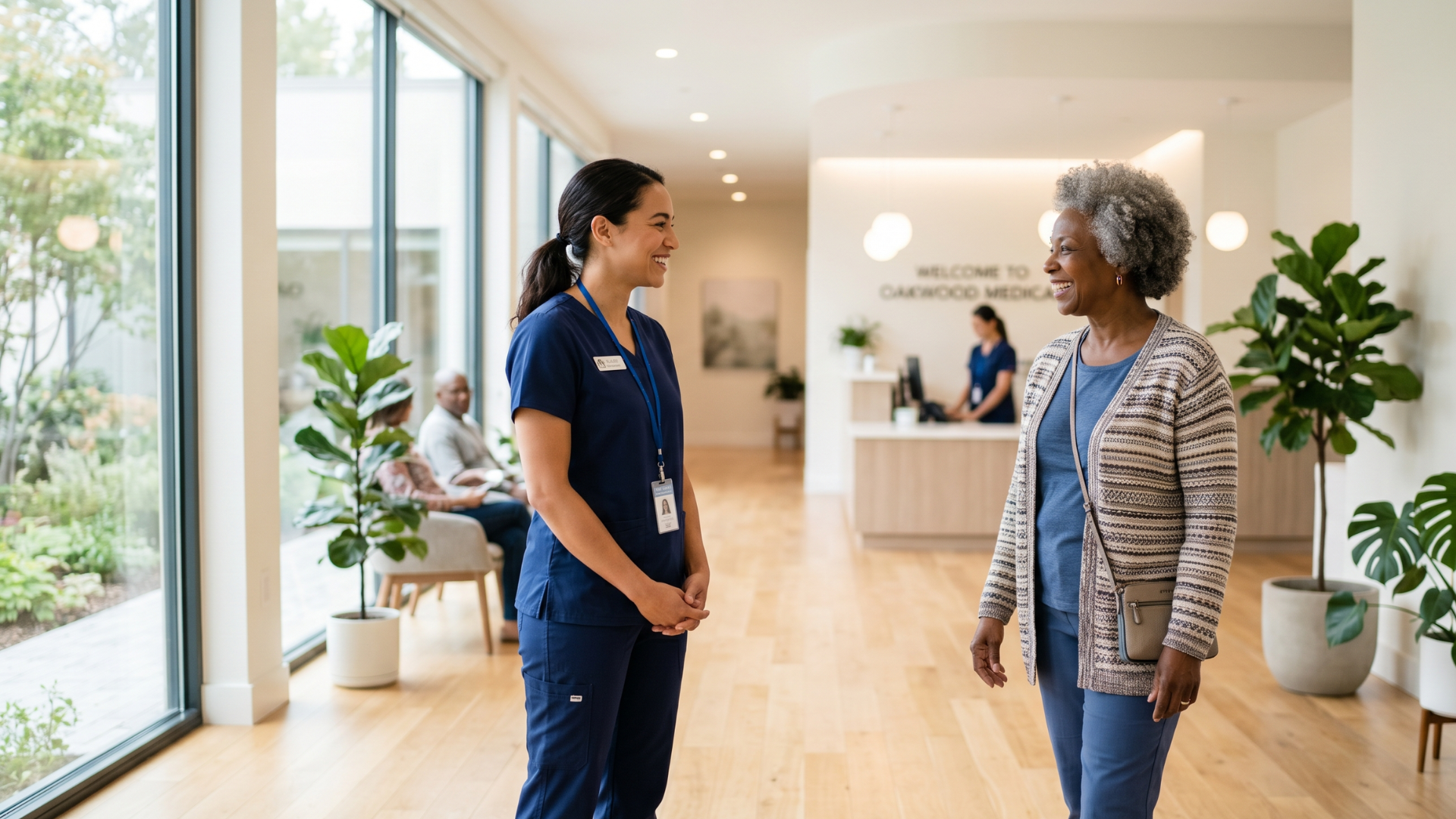 Medical staff warmly greeting an arriving patient at a bright clinic after a confirmed appointment