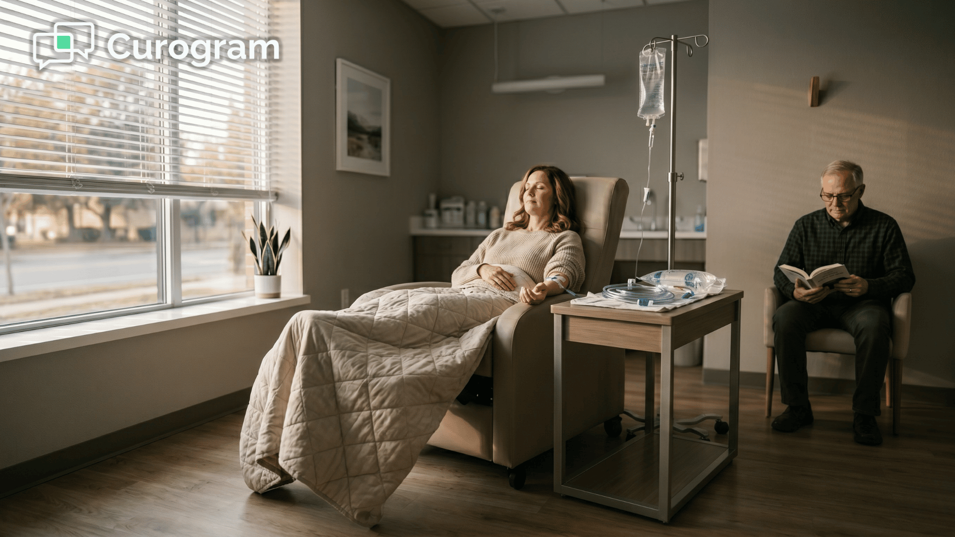 A patient receives therapy in a private ketamine suite with a companion.