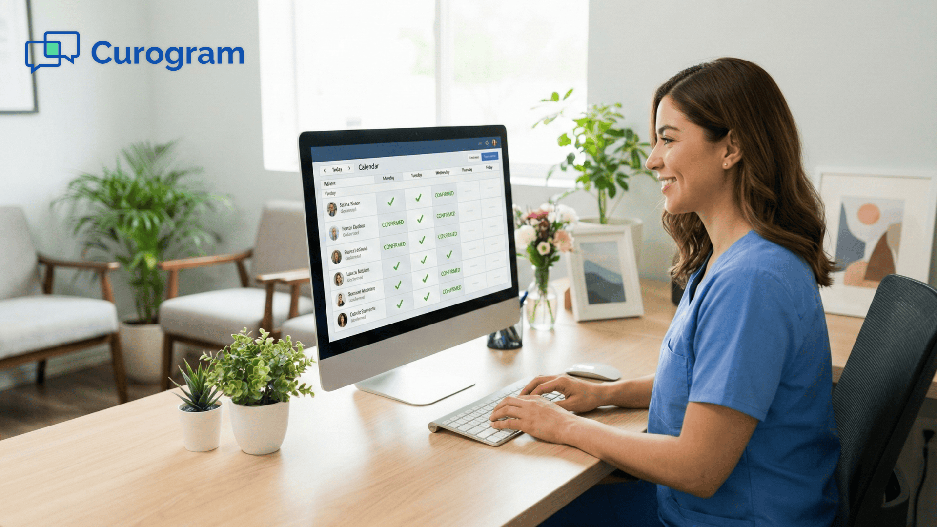 Medical assistant reviewing confirmed appointments on computer in quiet clinic office