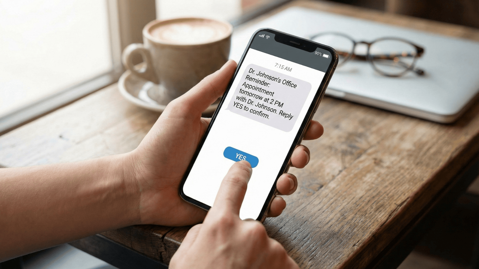 Patient confirming medical appointment via text message on smartphone
