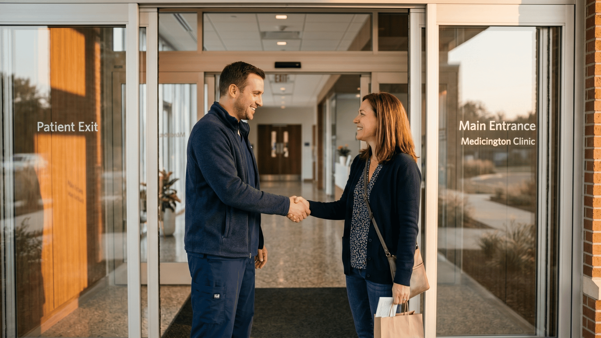 Care team member warmly saying goodbye to a patient leaving a medical practice