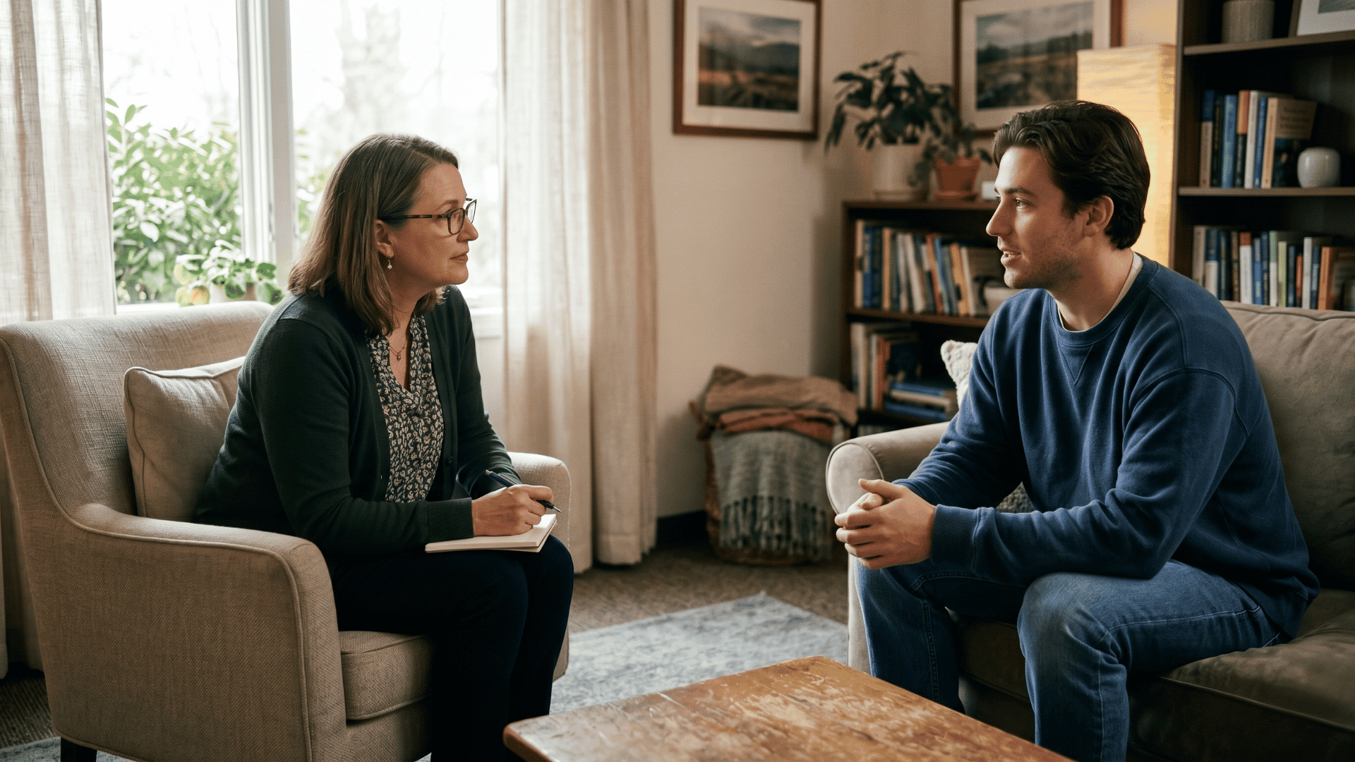 Behavioral health clinician listening closely to a client during a therapy session
