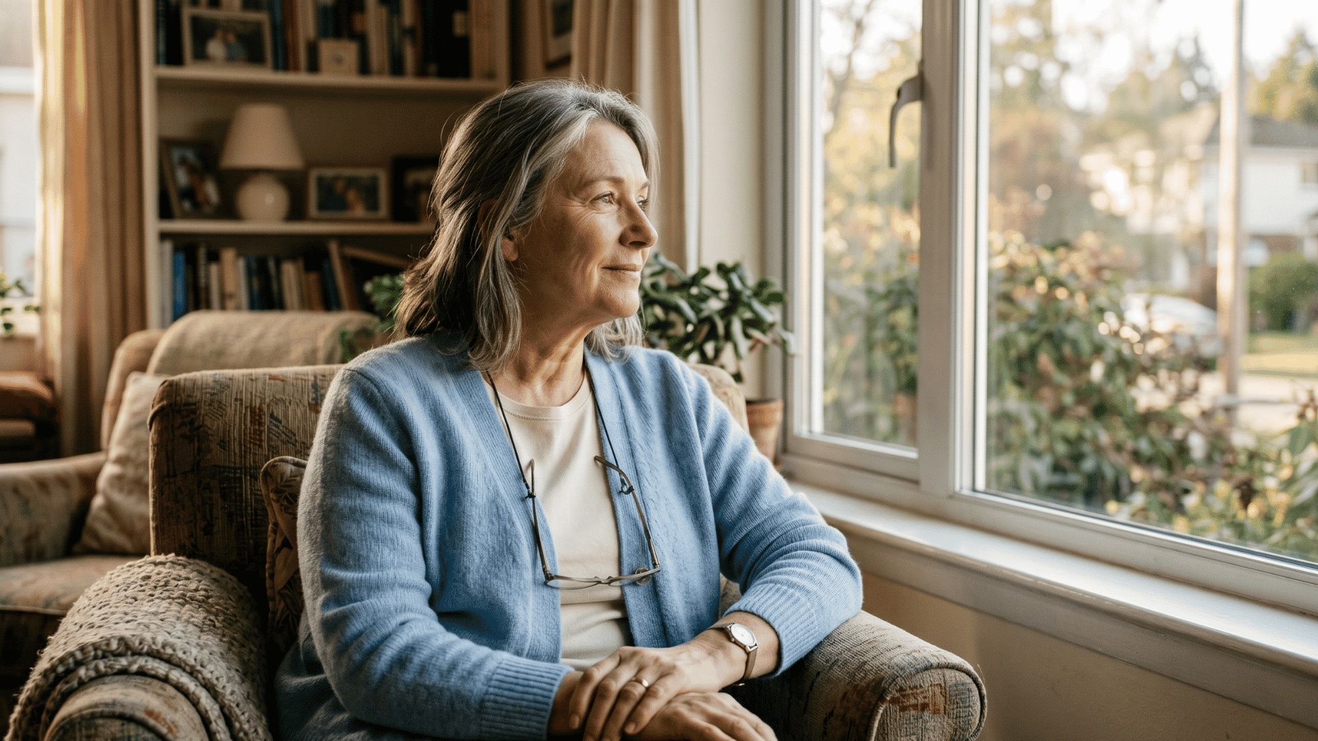 Relieved patient at home reflecting on positive interventional psychiatry clinic experience