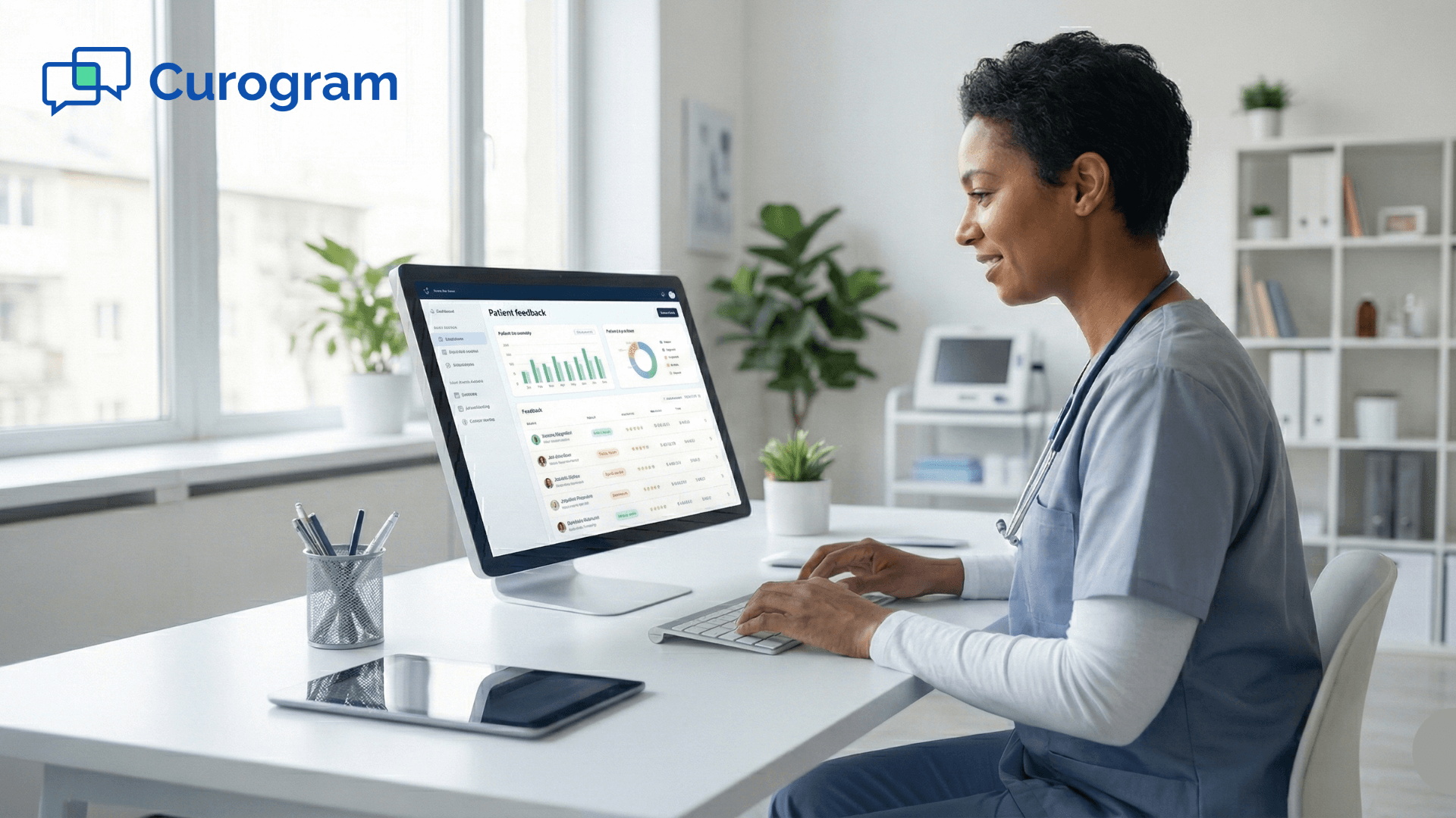 Healthcare professional reviewing patient feedback dashboard on computer