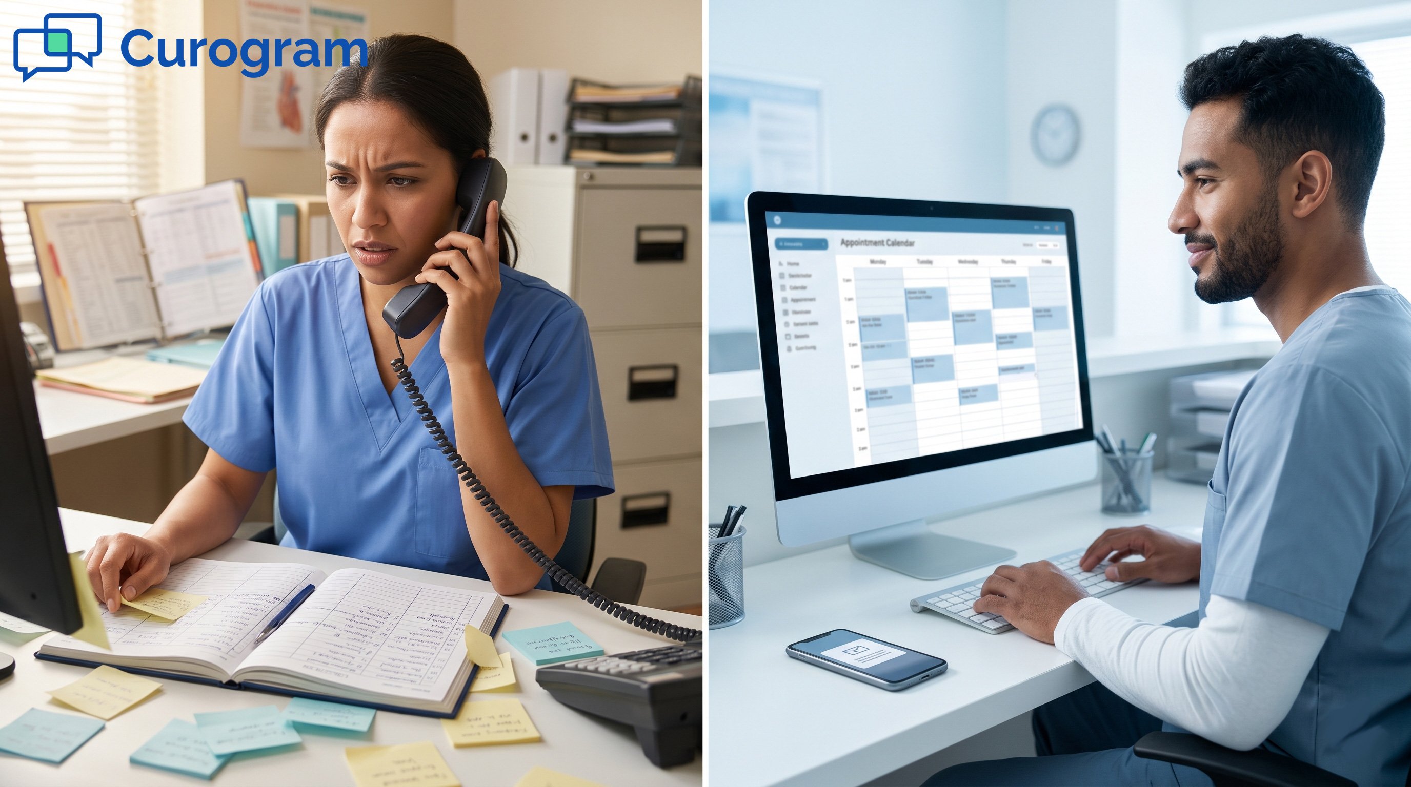 Stressed medical receptionist with paper schedule contrasted with efficient digital calendar