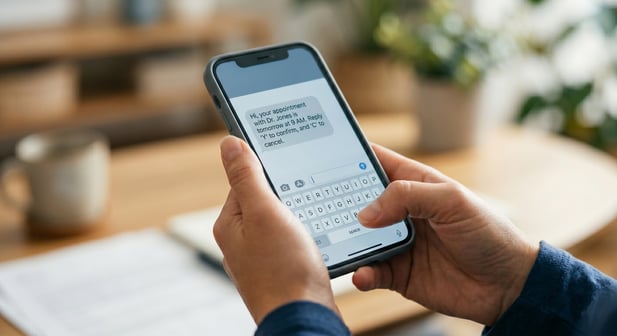 Patient interacting with a 2-way appointment confirmation text message on a smartphone