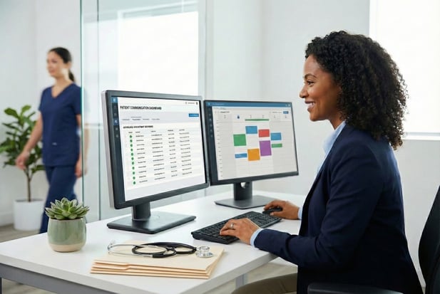 Healthcare administrator smiling while using patient workflow automation tools on dual screens