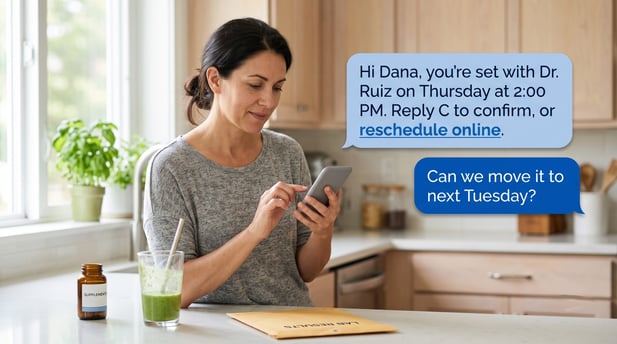 A patient rescheduling her appointment via a text message interface