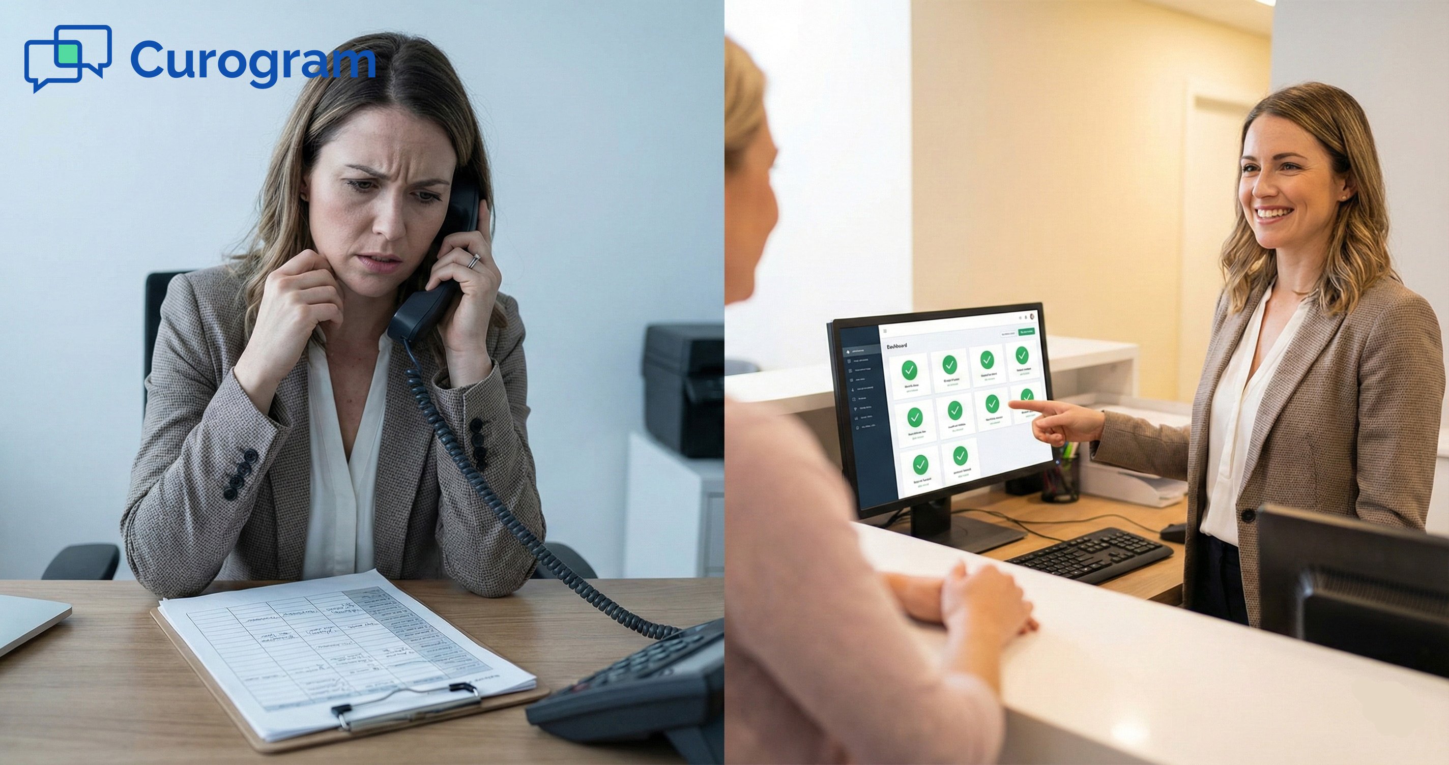 Split photo showing stressed staff with paper schedule vs. happy staff using digital patient confirmation tools