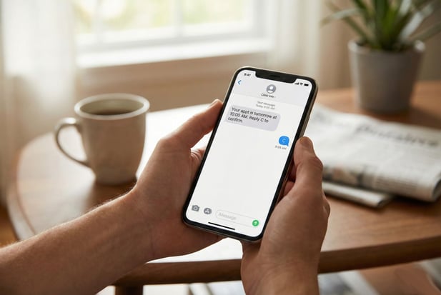 Close-up of a patient's hands confirming a medical appointment via a simple text message on a smartphone