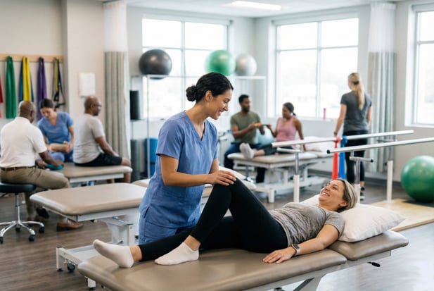 Physical therapist working with a patient in a busy, fully attended clinic session