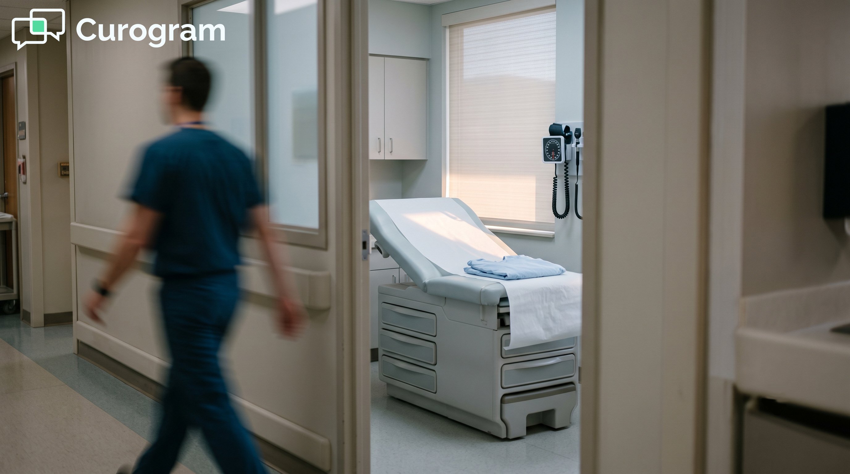 Empty medical exam room prepared for patients with a clinician walking past