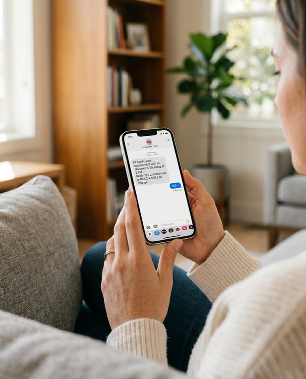 Patient using 2-way SMS appointment reminders on a smartphone to confirm medical visits