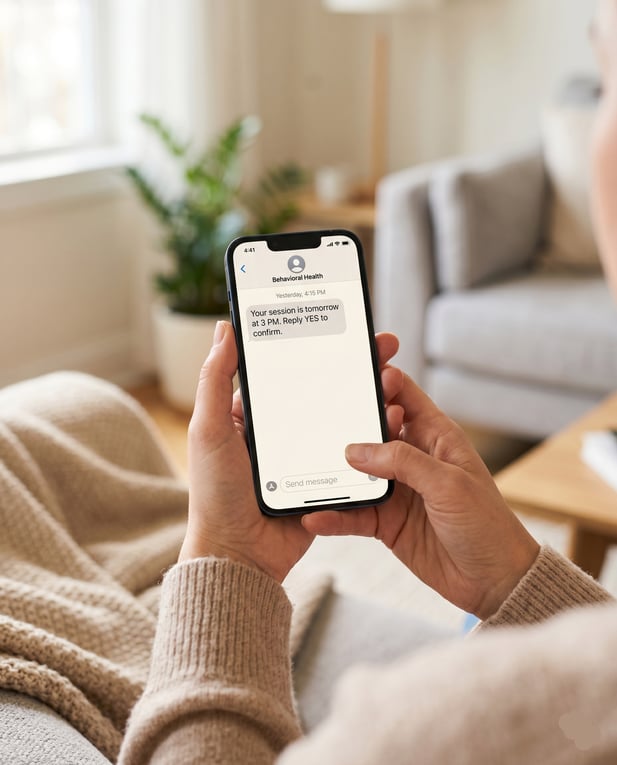 A smartphone in hand with a message about a schedule reminder