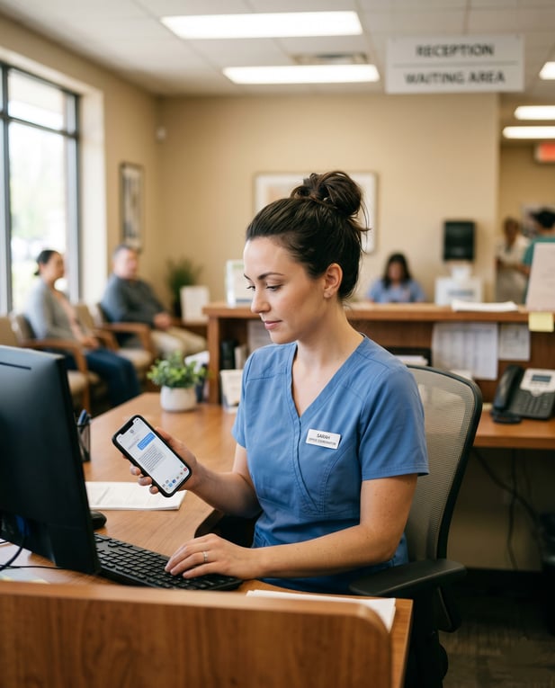 Healthcare staff looking at a text message in a smartphone