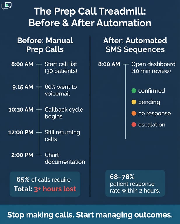Infographic comparing manual patient calls vs automated SMS sequences for clinics