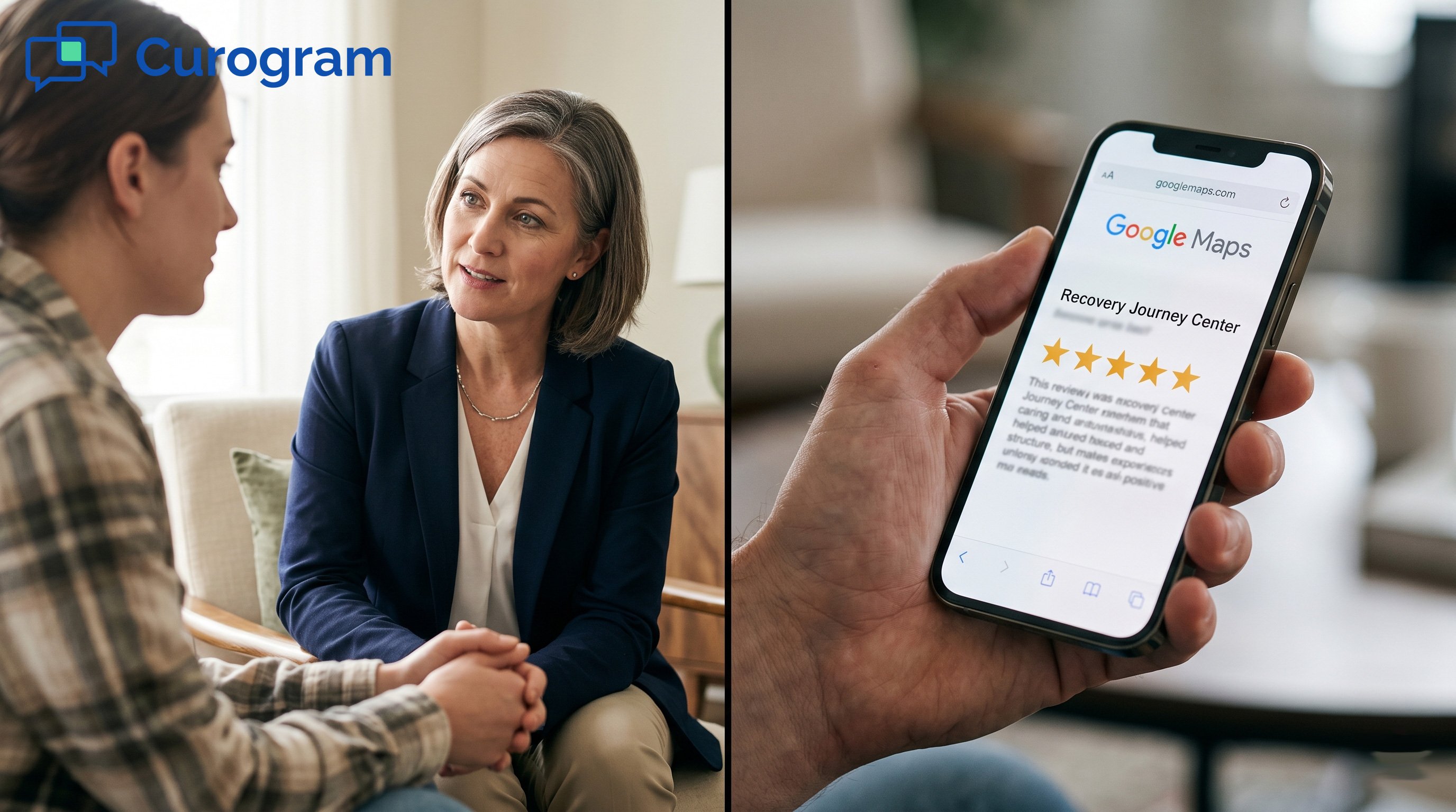 Behavioral health clinician with patient, next to five-star Google reviews on a phone