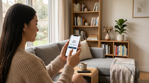 Patient using a smartphone to complete a post-visit 5-star review from home