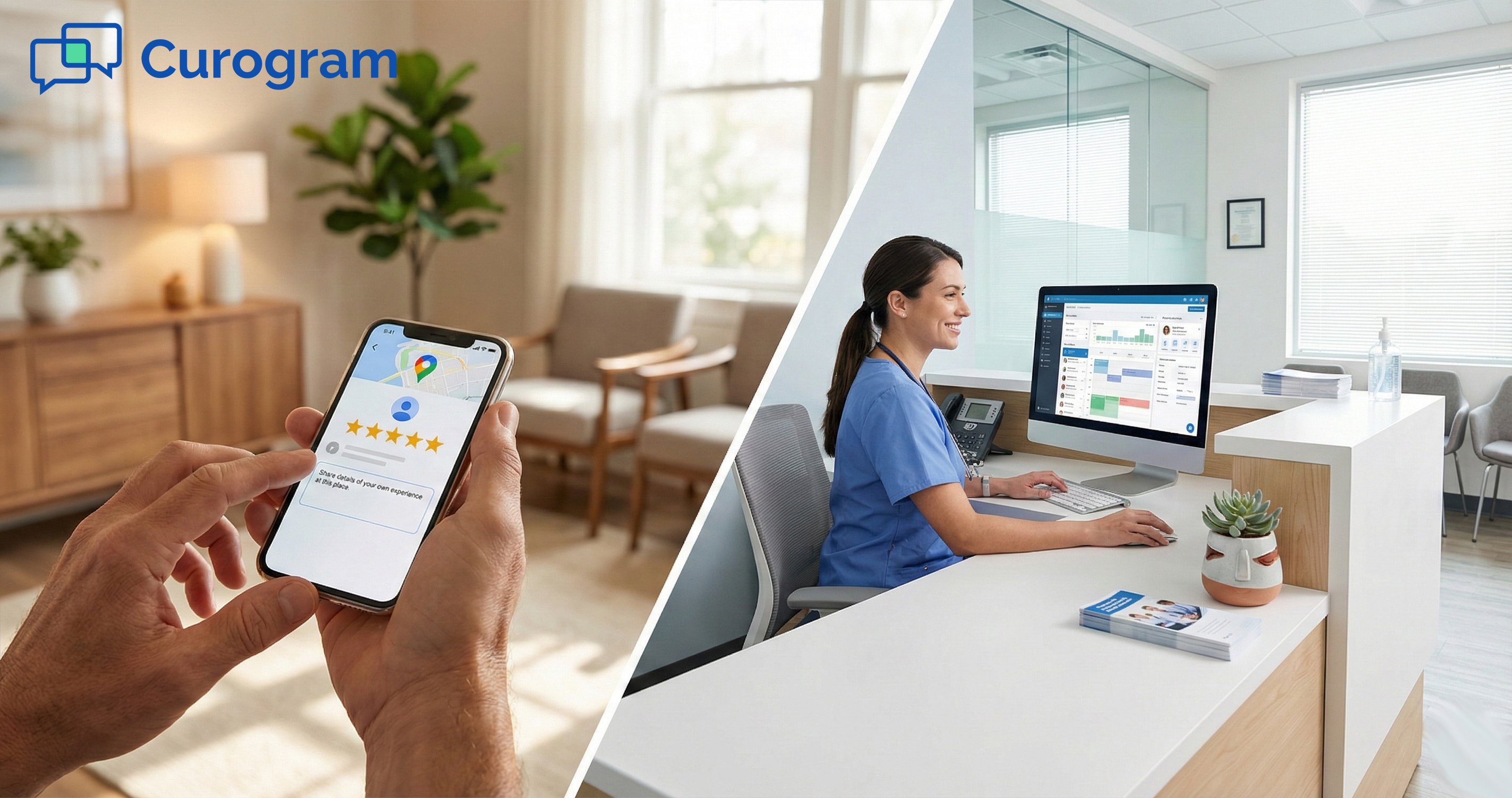 Split view of a patient submitting a 5-star mobile review and medical staff managing the front desk