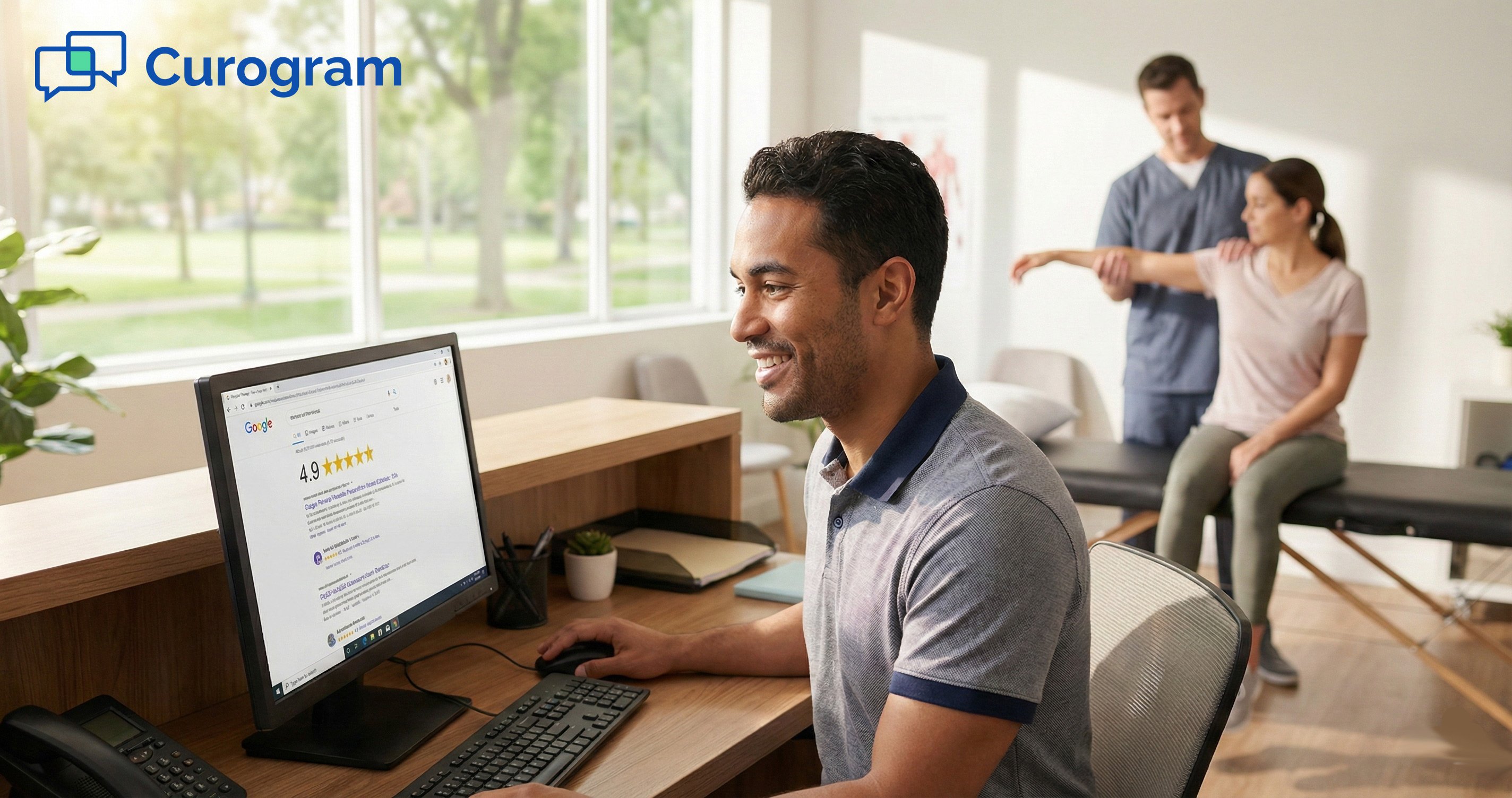 Clinic staff member smiling at a computer screen displaying a 4.9-star Google review rating
