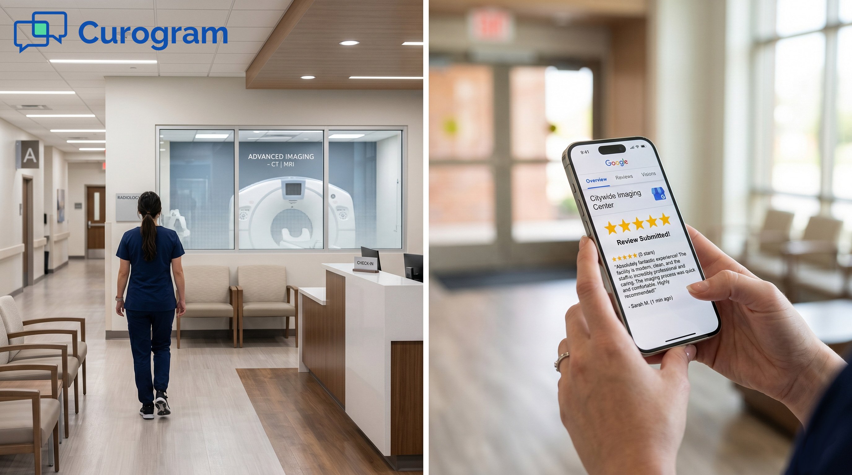 Modern imaging center lobby (left) and patient submitting a five-star Google review (right)