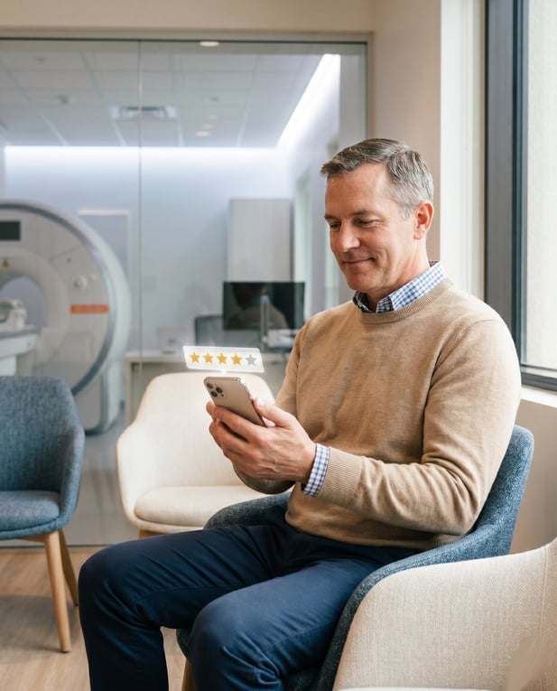Satisfied patient smiles while submitting a five-star review from an imaging center waiting room