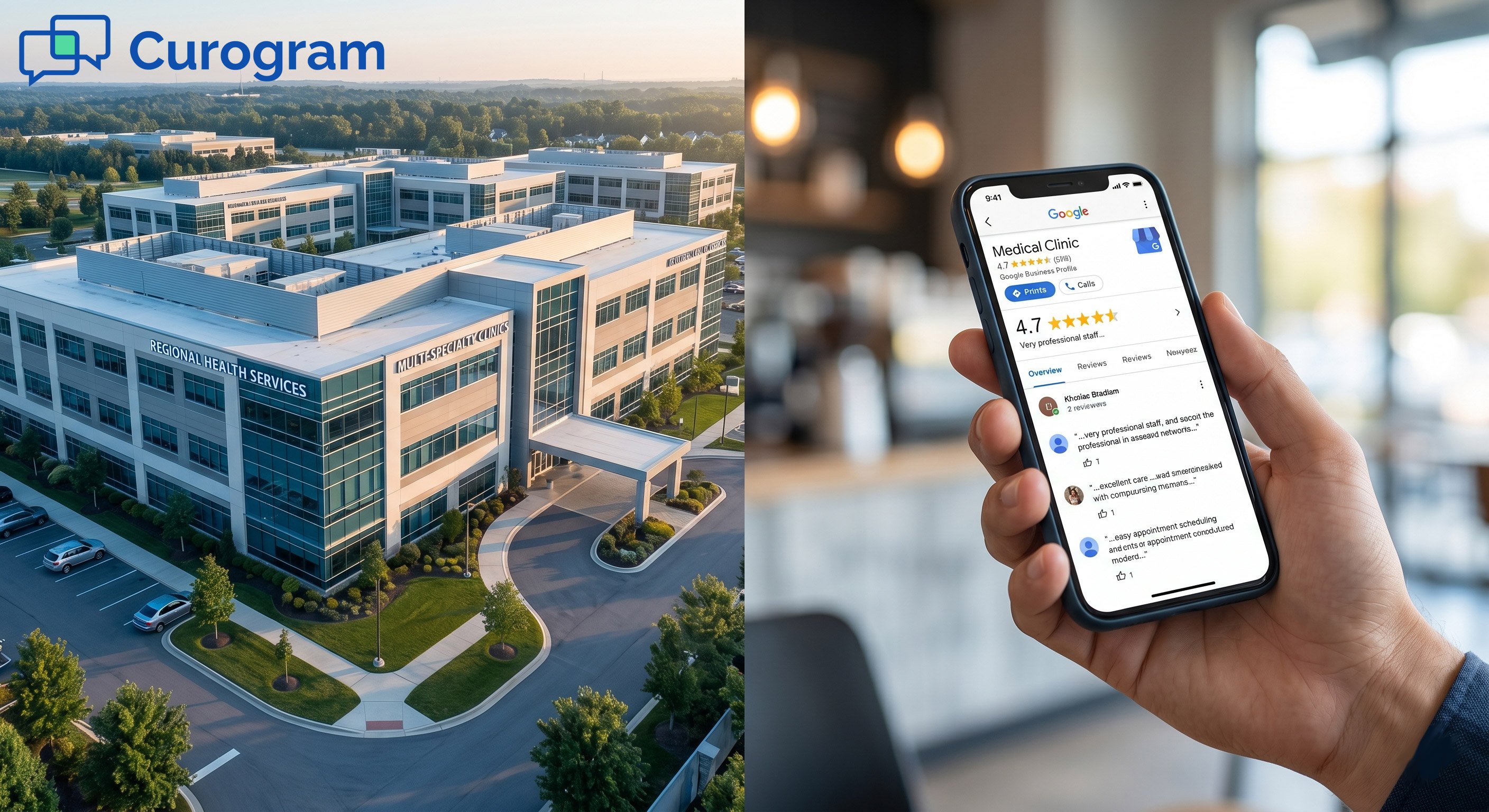 Aerial view of medical building and a hand holding a smartphone with high Google clinic reviews