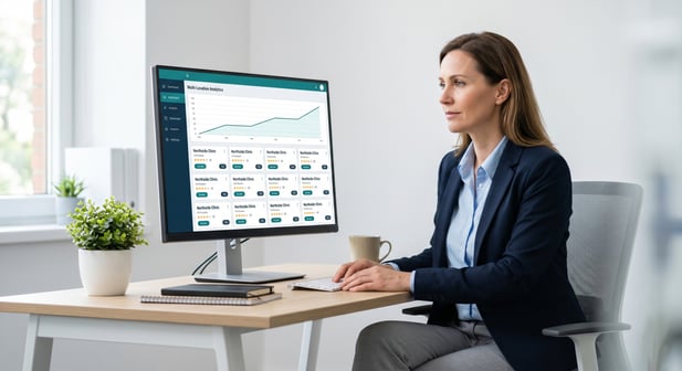 Healthcare manager analyzing multi-location clinic review data on a desktop dashboard