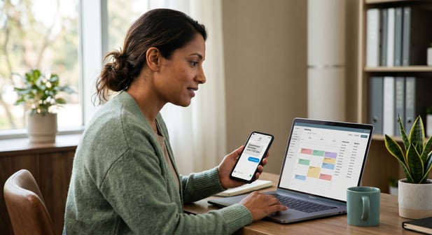 Clinician uses smartphone to confirm appointment while working on a scheduling dashboard laptop