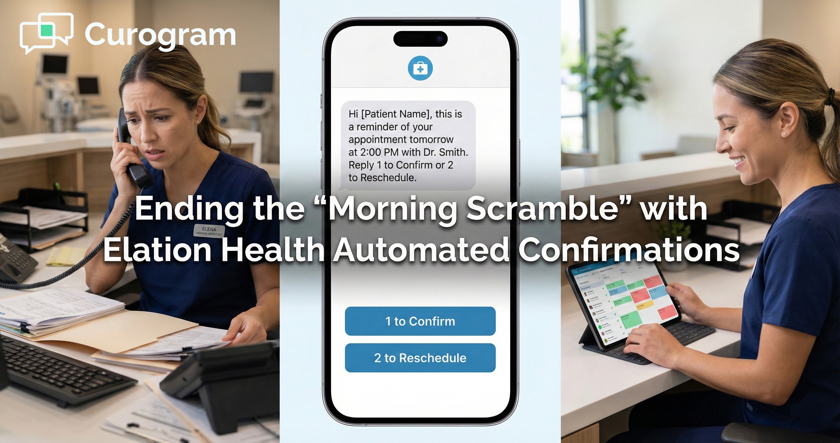 Stressed receptionist vs. efficient staff using automated appointment text reminders