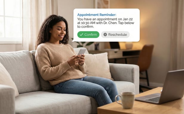 Smiling patient at home receiving an automated appointment reminder notification on her phone