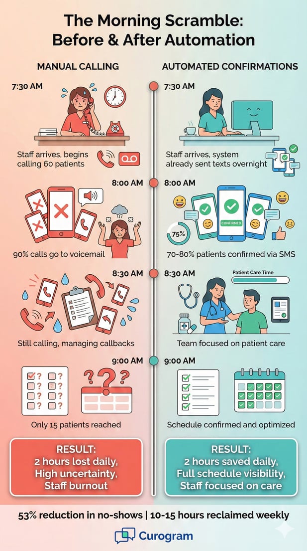 Infographic comparing manual calling vs. automated appointment confirmations workflows in healthcare