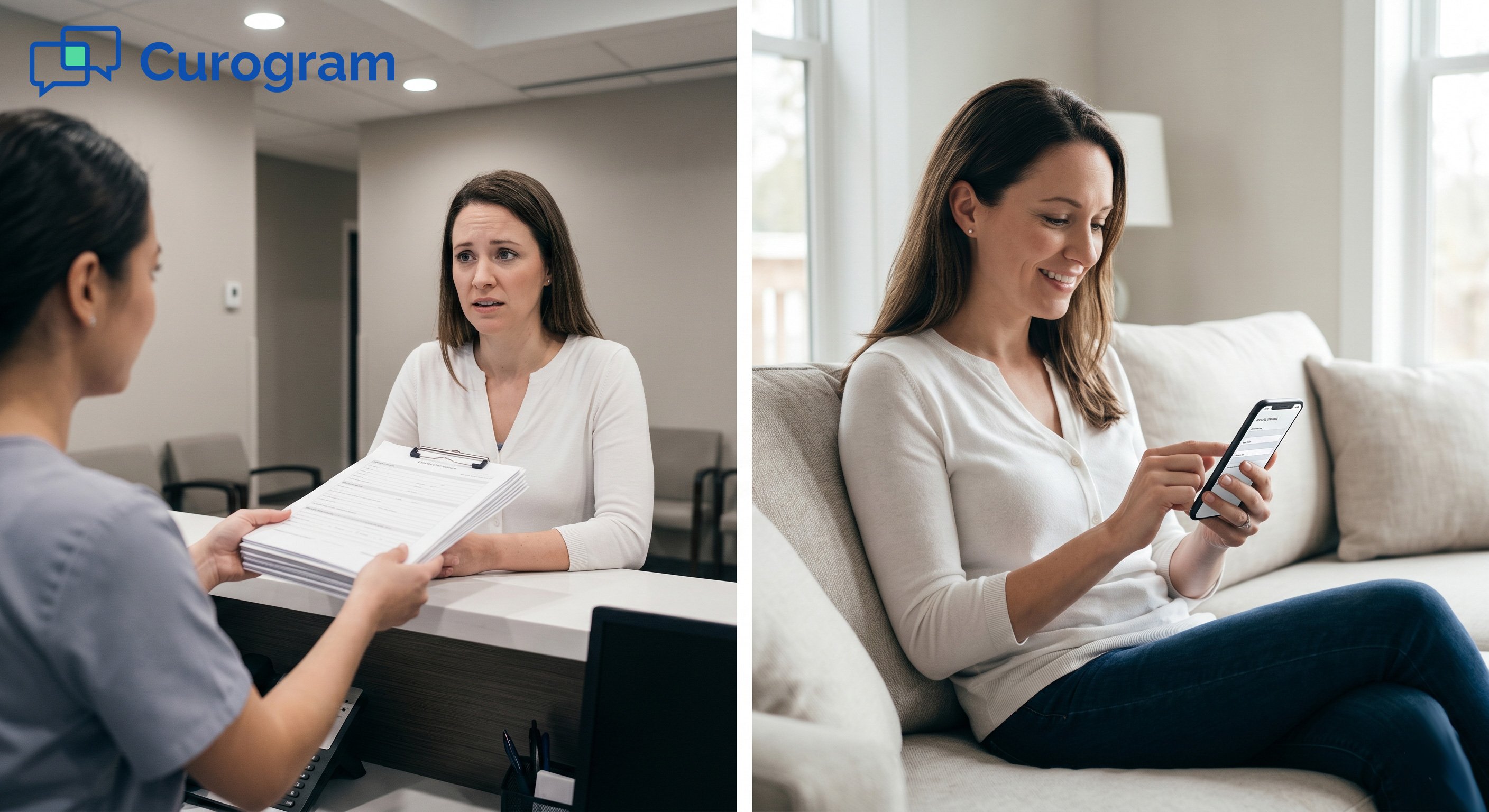 Left: Stressed patient given paper forms at desk. Right: Same patient relaxed completing SMS intake at home
