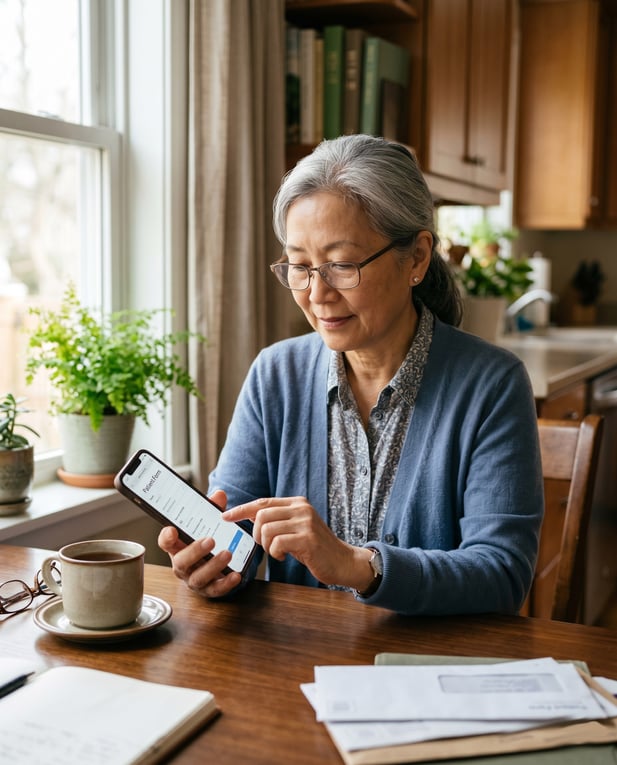 Senior patient smiling while filling out a mobile medical registration form on her smartphone at home