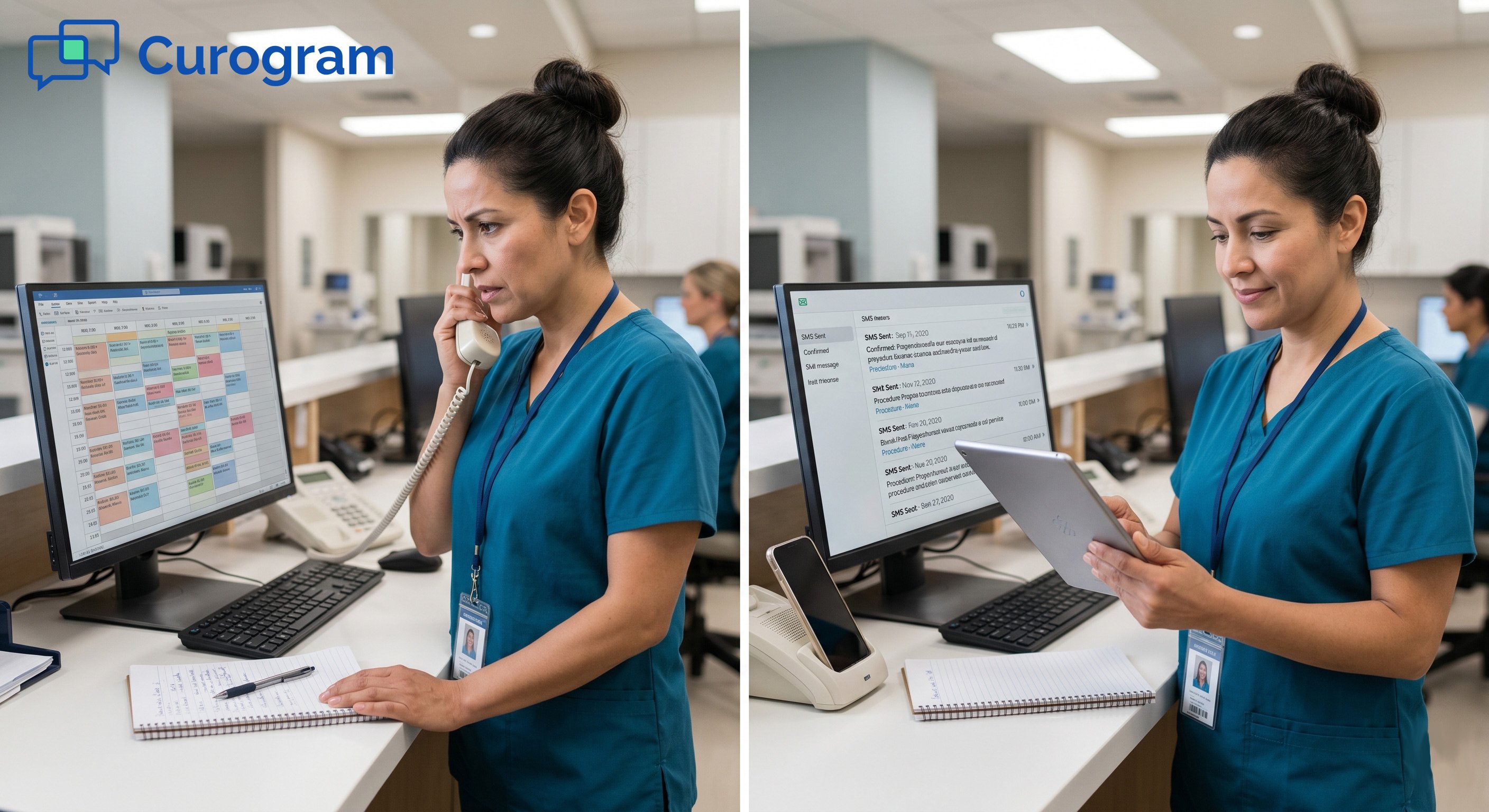 Comparison showing a stressed employee making manual patient calls vs. checking efficient automated logs