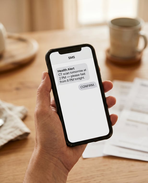 Close-up of a patient handheld smartphone displaying an automated medical SMS appointment reminder