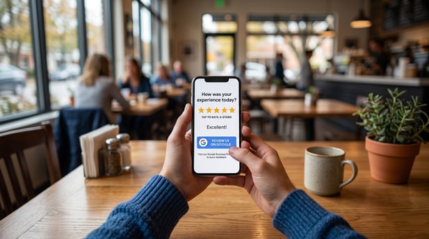 Close-up of client hands holding phone with 5-star behavioral health satisfaction survey