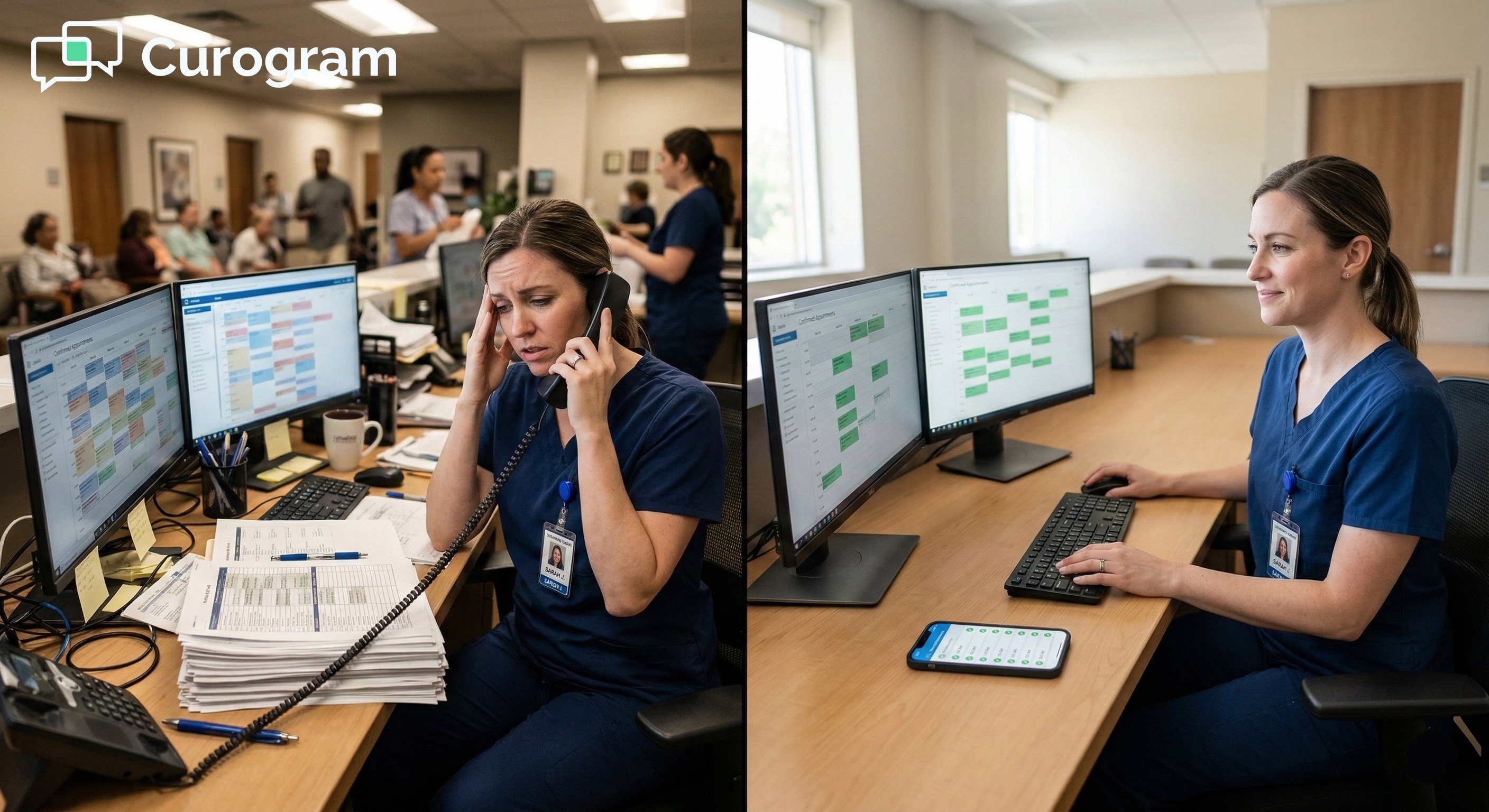 Stressed worker making calls vs. calm worker using automated medical scheduling