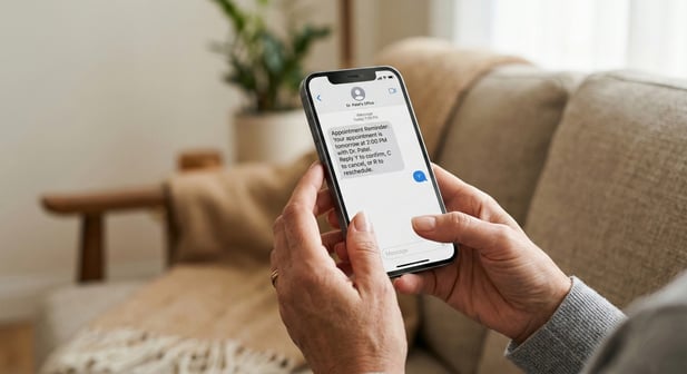 Close-up of patient holding a smartphone displaying an SMS appointment reminder text